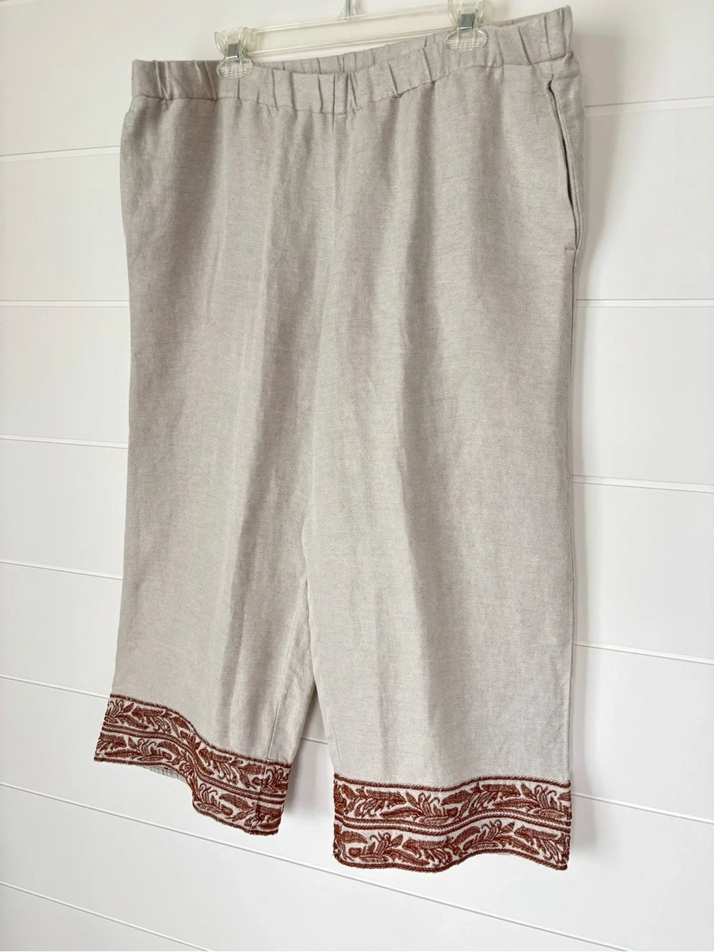 J. Jill Cream Linen-Blend Pull-on Crop Pants Embroidered Hem Women's Size XL